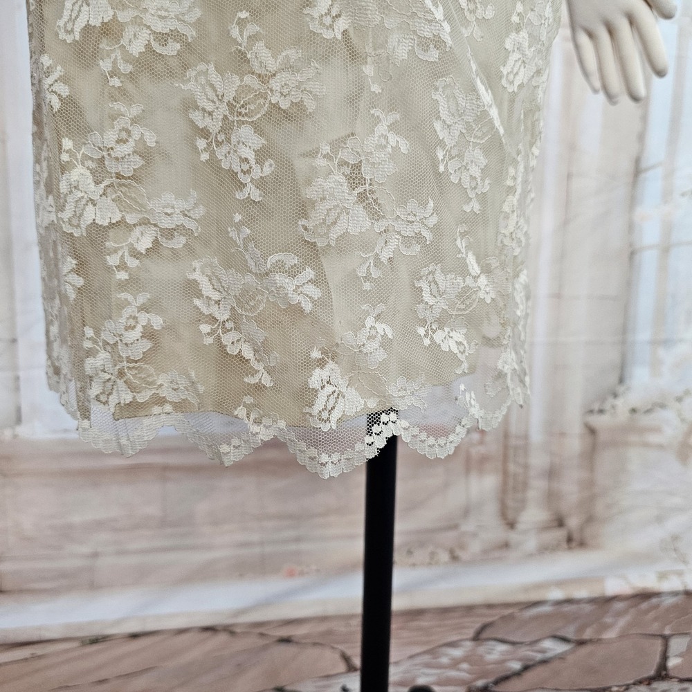 Vintage 1960's Dress Shift Beige Lace Overlay Empire Waist Mod Formal - Picture 7 of 14